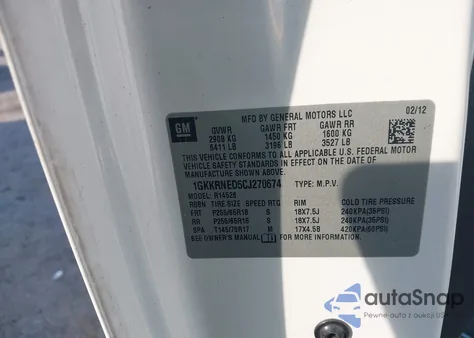 2012 GMC Acadia Sl z USA, uszkodzony, nr VIN 1GKKRNED5CJ270674